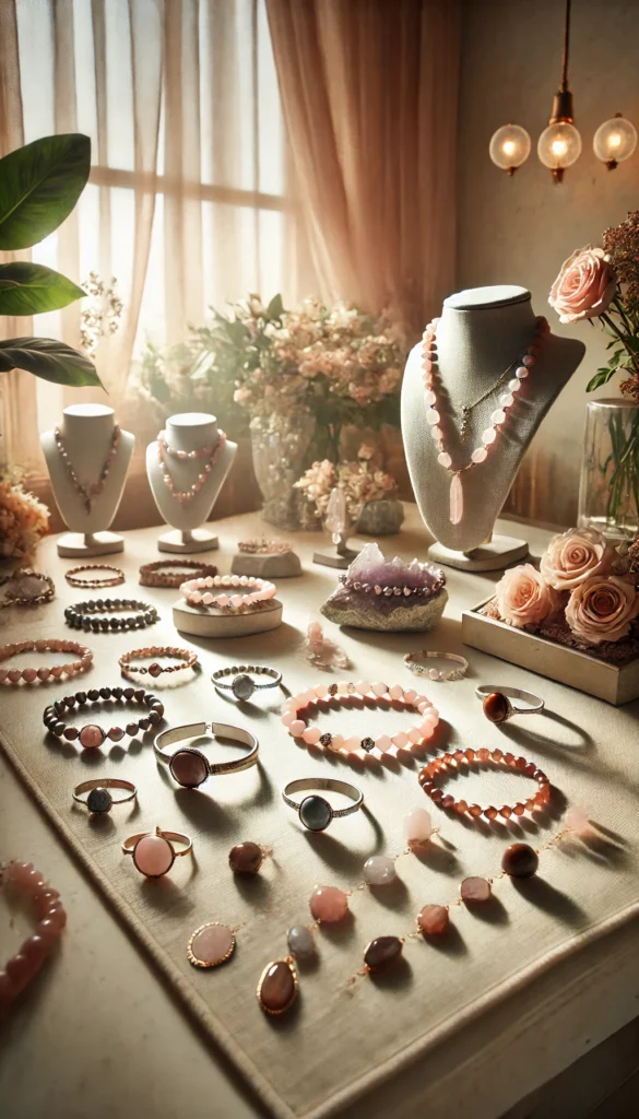 Gamme de bijoux en pierres naturelles exposée dans une boutique : Bracelets, colliers, bagues et boucles d’oreilles en pierres comme le quartz rose et l’œil de tigre, présentés avec une lumière douce pour souligner les bénéfices spirituels et esthétiques.