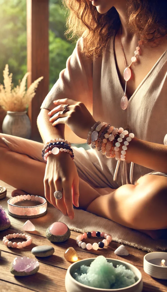 Personne portant des bijoux en pierres naturelles : Un modèle porte des bracelets, colliers et bagues faits d’améthyste, de quartz rose et de citrine, capturant une atmosphère de bien-être et de relaxation avec des éléments naturels en arrière-plan.